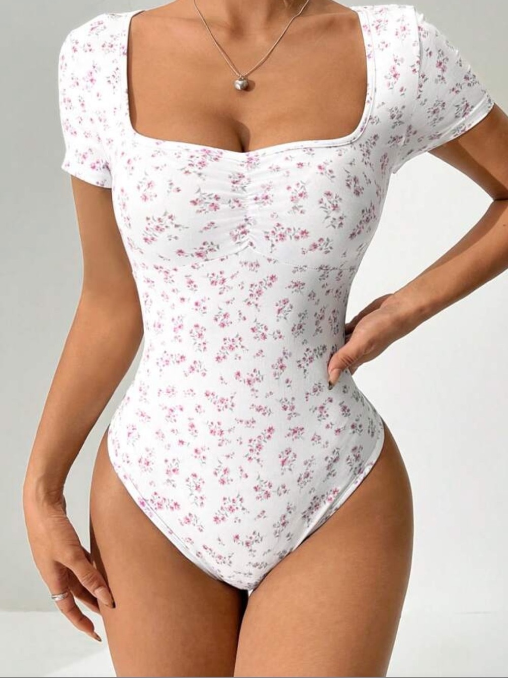 Sweetheart Neck Pink and White Floral Short Sleeve Bodysuit with Snap Bottom